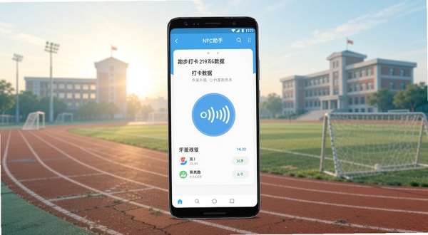 校园跑NFC助手软件主界面展示,画面中央是一部竖屏安卓手机,屏幕上呈现简洁的跑步打卡数据面板与NFC感应图标,背景为校园操场跑道与清晨教学楼剪影,整体色调清爽明亮,扁平化UI风格,细节清晰,分辨率1080x1920