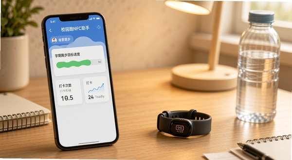 校园跑NFC助手打卡进度管理界面,手机屏幕显示学期跑步目标进度条与打卡次数统计卡片,背景为书桌场景,旁边放着运动手环和水杯,暖色调室内光线,生活化写实风格,画面干净整洁