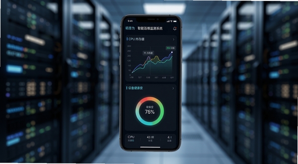 明思为智能运维监测系统 APP 实时监测仪表盘界面,深色科技风,手机屏幕展示CPU内存曲线图与设备健康度环形图,背景为数据中心机房虚化光影,画面简洁专业
