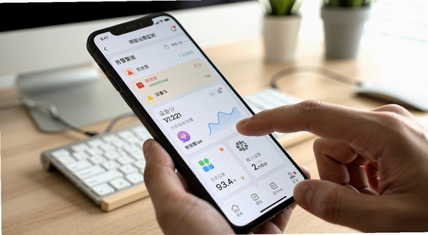 明思为智能运维监测系统 APP 手机端操作界面,浅色主题,展示告警列表与设备分组卡片,手指点击屏幕的交互特写,背景为办公桌面环境,画面清晰明亮