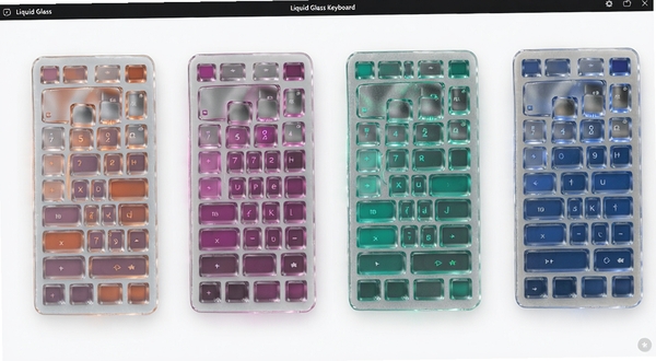 Liquid Glass Keyboard软件界面截图风格,展示多套玻璃质感键盘配色方案并排陈列,每套配色对应不同色调的按键与光效,画面干净整洁,突出配色多样性