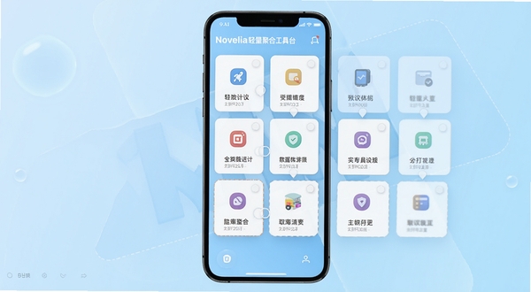 Novelia轻量聚合工具台界面,手机屏幕上排列着可拖拽的功能卡片,整体风格简洁明快,背景为淡蓝渐变