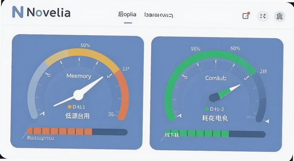 Novelia后台资源占用示意图,画面以仪表盘形式展示低内存占用与低耗电状态,配色清爽,带Novelia标识