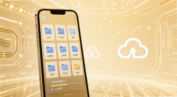 金色云应用云端文件管理界面概念图,手机屏幕中展示整齐排列的文件卡片与上传进度条,背景为浅金色渐变科技感空间,画面主体位于中央偏左,右侧留白区域放置抽象云朵图标,整体风格清爽简洁