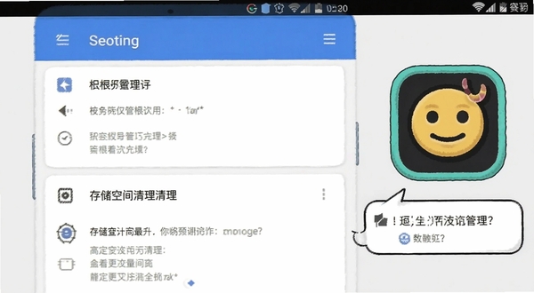 安卓手机设置界面截图风格插画,画面展示权限管理页面和存储空间清理选项,旁边配有表情技艺软件图标和提示气泡,背景为浅灰色简洁区域,信息层级清晰,适配Boogu模型生成