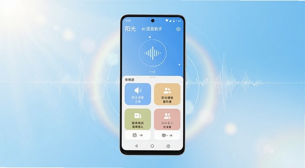 阳光AI语音助手 软件全貌展示图,画面中央放置一部安卓手机,手机屏幕显示阳光AI语音助手主界面,界面包含语音波形图标与常用功能卡片,背景为明亮的浅蓝色渐变空间,四周点缀柔和的阳光光晕与声波线条,整体风格清爽现代,适配Boogu模型生成