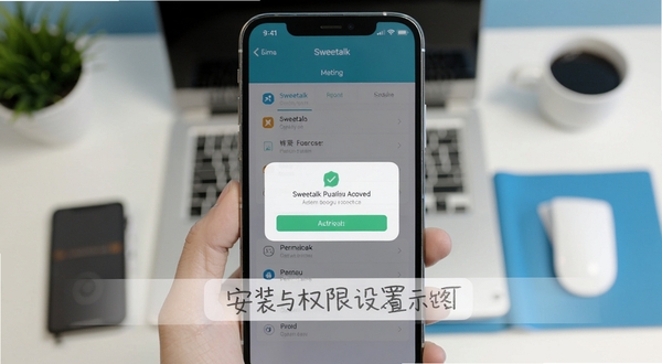 Sweetalk 安装与权限设置操作示意图,手机屏幕显示权限授权弹窗,画面主体为设置界面,背景为简洁桌面环境,清晰教程风格,适配Boogu模型生成