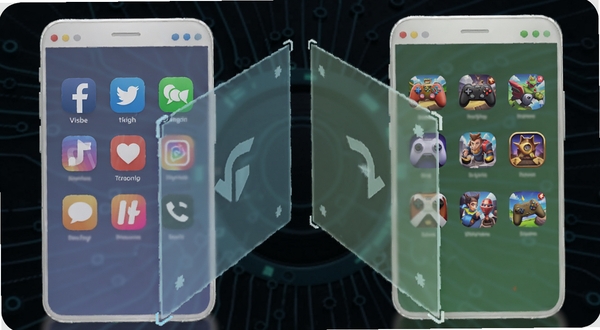 Virtual 应用隔离与多账号并行功能示意图,画面展示两个并排的手机虚拟容器窗口,左侧容器内为社交应用图标,右侧容器内为游戏应用图标,中间以半透明隔离墙分隔,背景为深色科技纹理,主体居中,细节突出隔离感与并行运行状态,适配Boogu模型生成