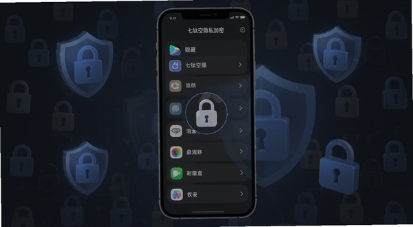 七钛空间隐私加密功能界面,手机屏幕显示应用隐藏列表与密码锁图标,背景为深色安全防护风格,有盾牌与锁形元素点缀,画面干净利落,适配Boogu模型生成