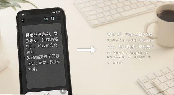 纸条AI界面特写,手机屏幕左侧显示原始文案,右侧显示润色后的文字,中间有箭头连接,背景为柔和米白色办公桌面,画面干净明亮,体现文字改写与优化功能