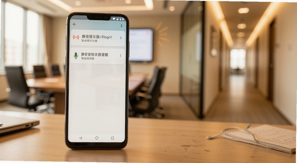 静音提示器智能提醒场景概念图,画面展示一部安卓手机放置在办公桌上,屏幕亮起显示一条温和的静音状态提醒通知,通知栏图标清晰可见,背景是虚化的会议室与走廊过渡场景,色调温暖柔和,强调提醒的及时性与场景化特点
