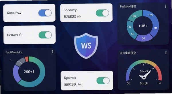 KowSU超级管理器安卓应用主界面概念图,画面中央为深色渐变背景上的权限管理盾牌图标,四周环绕应用权限开关卡片、后台进程环形图和电池优化仪表盘,整体风格科技感强,蓝紫配色,扁平化设计,细节清晰,适配Boogu模型生成