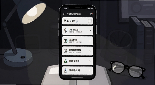 予念应用更新日志页面截图风格插画,手机屏幕显示版本号与新增优化修复分类列表,背景为深色模式下的书桌场景,有台灯和眼镜,画面整洁体现迭代记录
