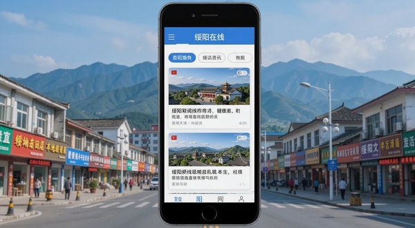 绥阳在线应用首页本地资讯聚合界面展示,手机屏幕中排列着新闻卡片与分类标签,背景为绥阳城市街景与远山,清新明亮的蓝白色调,扁平化UI风格,细节清晰