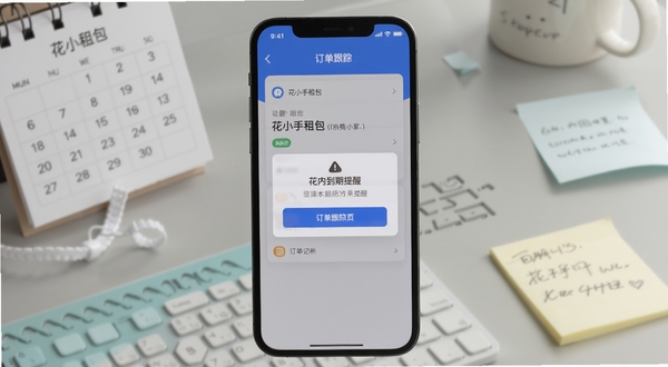 花小手租包应用内到期提醒弹窗与订单跟踪页面的特写,手机屏幕居中,背景为淡灰色工作台场景,桌面放置日历与便签元素,光线柔和,突出提醒与记录的功能氛围