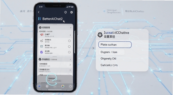 BetterAIChat2移动端操作界面与设置菜单示意图,手机屏幕展示权限管理与存储路径选项,背景为简洁的科技感线条,突出使用教程氛围