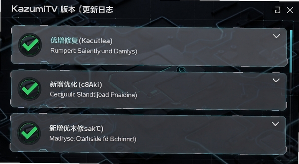 KazumiTV版本更新日志界面展示,列表形式呈现新增优化修复三类条目,简洁科技感风格,深色背景配绿色对勾图标