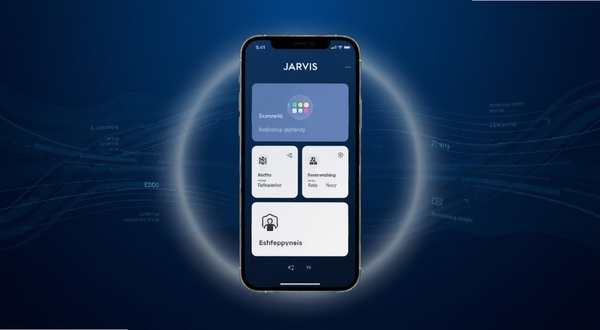 JARVIS智能助手软件主界面全貌展示,画面中心为手机屏幕显示简洁的功能卡片布局,背景为深蓝色科技感渐变,周围环绕柔和的光晕与数据线条,整体风格干净现代,突出智能助手的产品气质