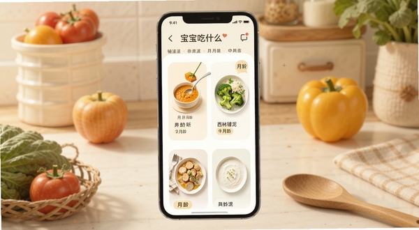一款名为宝宝吃什么的手机应用界面展示,画面中央是手机屏幕,屏幕上呈现色彩柔和的辅食食谱卡片,包含南瓜米糊、西兰花泥等菜品图标与月龄标签,背景为温馨的厨房台面,点缀新鲜蔬果与木质餐具,整体色调温暖明亮,扁平化UI风格,细节清晰,适合应用商店展示
