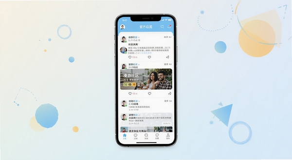 漫游社区官方应用界面全貌展示,画面中央为手机屏幕呈现社区动态信息流,背景为简洁的浅色渐变与抽象几何图形装饰,整体风格清新现代,突出社交互动氛围