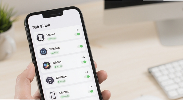 PairLink连接管理界面预览图,手机屏幕展示已配对设备卡片列表,每张卡片包含设备图标、名称与在线状态标签,背景为柔和浅色桌面环境,体现管理功能
