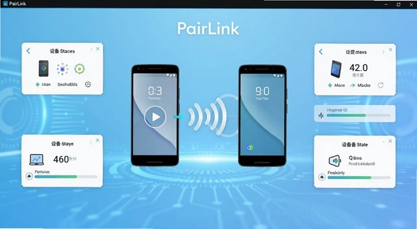 PairLink软件主界面居中展示,背景为浅蓝色渐变科技风格,画面中央是两部安卓手机通过无线信号图标相连的示意图形,周围环绕设备配对状态卡片与连接进度条,整体风格干净现代,适配Boogu模型生成