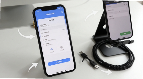 不高山上移动端操作界面展示,手机屏幕显示权限设置与存储管理页面,旁边有数据线和手机支架,背景为简洁桌面,突出操作指引场景