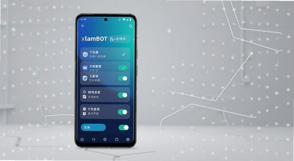 画面中央偏左位置呈现一部竖屏安卓手机,屏幕上显示xlamBOT软件主界面,界面以深蓝与青色渐变为主,带有任务卡片与开关按钮;背景区域为浅灰色科技感空间,点缀柔和光点与几何线条,整体风格简洁现代,突出智能助手与自动化操作的产品气质,高清细节,适合软件下载站展示