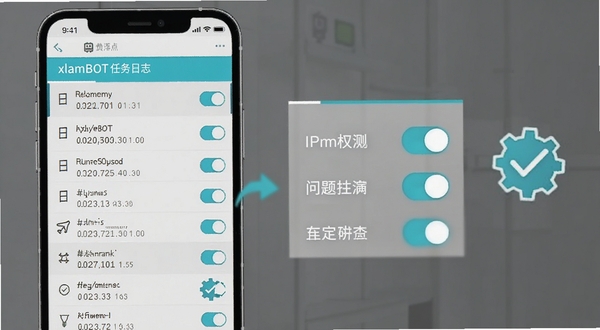 xlamBOT软件任务日志与设置界面示意图,画面展示手机屏幕上的日志列表与权限开关区域,配色为浅灰底配青蓝强调色,旁边有简洁的齿轮与对勾图标元素,整体风格清爽直观,突出操作指引与问题排查场景,细节丰富