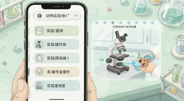 动物实验室模拟实验流程界面截图风格插画,画面展示手机屏幕中分步骤实验操作指引,左侧为步骤列表,右侧为实验操作示意图,背景为淡绿色实验台面,整体色调柔和,突出教学引导感