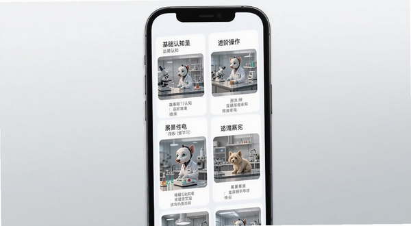 动物实验室多场景学习模块展示图,画面为手机屏幕中并列排列多个实验模块卡片,卡片上标注基础认知进阶操作等字样,背景为浅灰色渐变,整体简洁现代