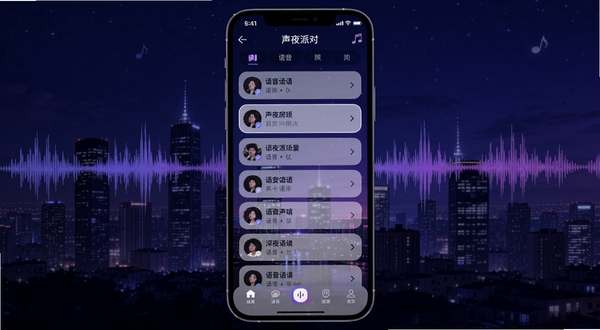 声夜派对 深色夜空主题的语音社交应用界面 手机屏幕中央展示语音房间列表 背景为城市夜景与声波纹理 整体色调深蓝紫 画面简洁现代 适配Boogu模型生成
