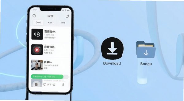 一隅听音离线缓存功能界面展示,画面为手机屏幕内显示已下载音频列表与存储空间占用条,旁边有下载箭头图标与本地文件夹标识,背景为浅蓝色渐变,风格简洁科技感,适配Boogu模型生成