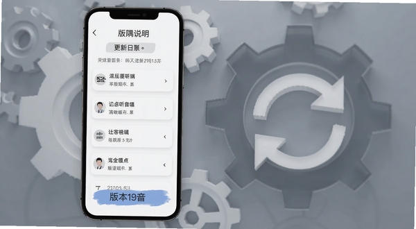 一隅听音版本更新说明页面示意,画面为手机屏幕显示更新日志列表与版本号标识,背景有齿轮与刷新箭头元素,风格简洁商务,适配Boogu模型生成
