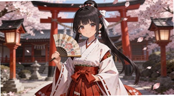 画面中央为一位身穿和风神官服饰的二次元少女角色,手持纸扇微笑站立,背景为樱花飘落的日式神社庭院,远处有红色鸟居与灯笼点缀,整体色调柔和温暖,画面风格为日系动漫插画,构图以角色为视觉中心,背景层次分明,适合作为游戏主视觉展示图