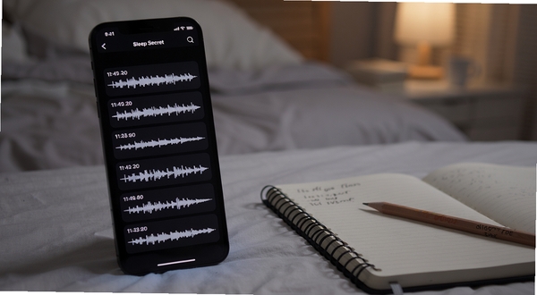 Sleep Secret应用内梦话录音列表界面,深色背景上排列着带时间戳的音频波形条,手机屏幕发出微光,旁边放着笔记本和铅笔,安静卧室氛围