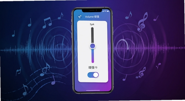 超响音量Pro软件主界面展示,居中放置手机一台,屏幕显示音量增强滑杆与增强开关,背景为深色渐变科技风,四周环绕声波纹理与音符元素,整体色调以蓝紫为主,突出音量放大的视觉冲击力,画面简洁清晰,适配产品介绍首图