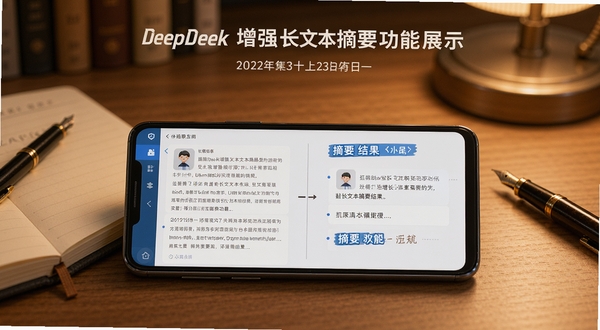 DeepSeek增强长文本摘要功能展示图,画面主体为一部平放的安卓手机,屏幕内呈现长文本粘贴与摘要结果对照的界面布局,背景为书房桌面环境,旁边摆放笔记本与钢笔,色调温暖柔和,突出文字处理与效率办公氛围