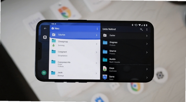 Neo管理器安卓应用主界面截图,展示双栏文件浏览布局与Material Design 3风格图标,画面主体为手机屏幕居中放置,背景为浅色渐变桌面环境,整体清爽简洁