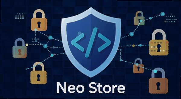 Neo Store 应用界面截图风格插画,画面中央是一个盾牌图标与代码符号结合的设计,盾牌下方显示 Neo Store 字样,背景为深蓝色科技网格纹理,周围环绕着锁形图标和数据节点,象征开源透明与隐私安全