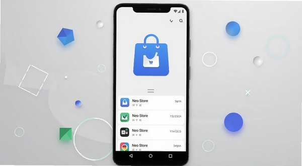 一部安卓手机屏幕中央展示 Neo Store 应用商店的蓝色购物袋图标,图标下方是简洁的软件列表界面,背景为浅灰色渐变,周围有少量几何图形点缀,整体风格干净清爽,突出应用商店的科技感与轻量化特征