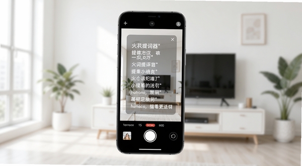 火花提词器手机端悬浮提词界面展示,画面中央一部智能手机屏幕显示正在录制的相机画面,屏幕上方半透明悬浮窗内滚动显示中文台词文稿,背景为简洁明亮的室内环境,整体风格清爽现代,突出提词器悬浮叠加的核心功能,适合软件下载站展示图