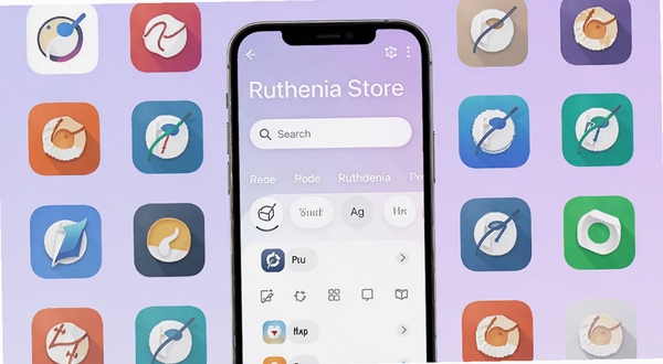 Ruthenia Store应用聚合检索功能展示,手机屏幕中央为搜索框与分类标签,周围环绕各类应用图标,背景为淡紫色渐变,画面简洁明亮,突出检索与分类的视觉层次