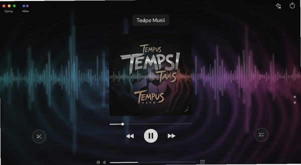 Tempus音乐播放器主界面,深色主题,中央展示专辑封面与播放控制按钮,背景为模糊渐变音波纹理,整体风格简洁现代,适配手机屏幕比例