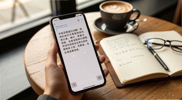 未咏灵感速记功能场景,手机屏幕显示正在输入的文字段落,界面干净无多余按钮,背景为咖啡厅桌面一角,旁边放着打开的笔记本,光线温暖自然,体现随手记录的便捷感