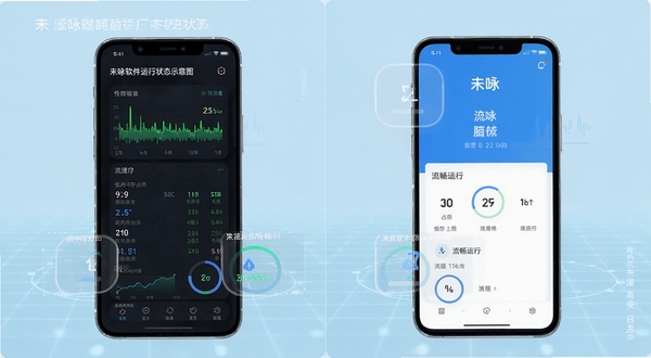 未咏软件运行状态示意图,画面为手机性能监控面板与未咏界面并排展示,突出低内存占用与流畅运行的特点,背景为科技感浅蓝网格,风格简洁数据化