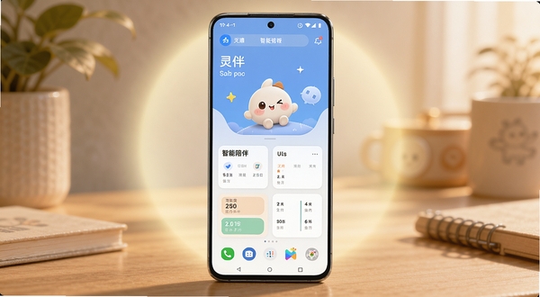 画面主体为一部居中放置的安卓手机,屏幕亮起显示灵伴应用主界面,界面中有可爱的陪伴角色与日程卡片,背景为暖色调居家桌面环境,手机周围有柔和光晕,整体风格清新亲切,突出智能陪伴软件的核心全貌