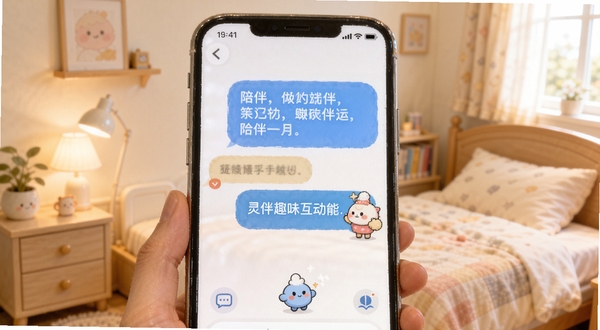 灵伴趣味互动界面,手机屏幕显示对话气泡与可爱角色形象,背景为温馨卧室一角,色调柔和明亮,体现陪伴对话的轻松氛围