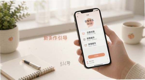 快乐桃移动端操作指引场景图,一只手握持手机,屏幕显示设置权限与清理缓存的步骤界面,桌面环境整洁,光线柔和,突出新手操作引导氛围