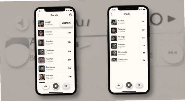 Aurabi软件界面预览图,画面展示手机屏幕中歌曲列表与播放列表管理页面,浅色背景配柔和阴影,突出列表排列与操作按钮细节